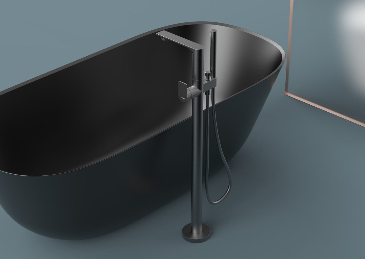 Floor-standing bathtub mixer, with flexible hose and hand shower:72901C