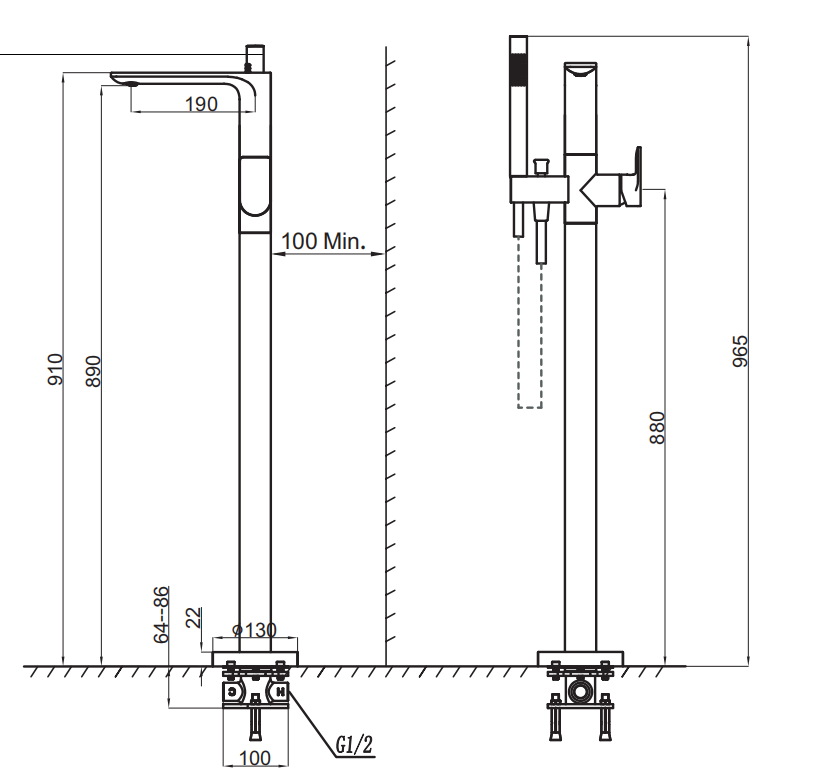 Floor-standing bathtub mixer, with flexible hose and hand shower:72901C